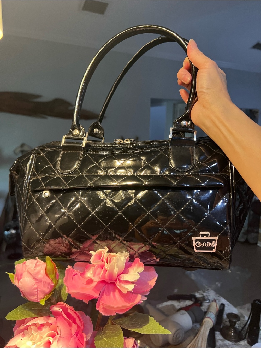 Caboodles Black Quilted Patent Satchel Handbag -